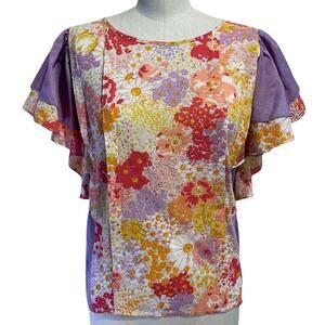 Vintage 60s 70s Floral Angel Wing Top Lavender Orange Size Small